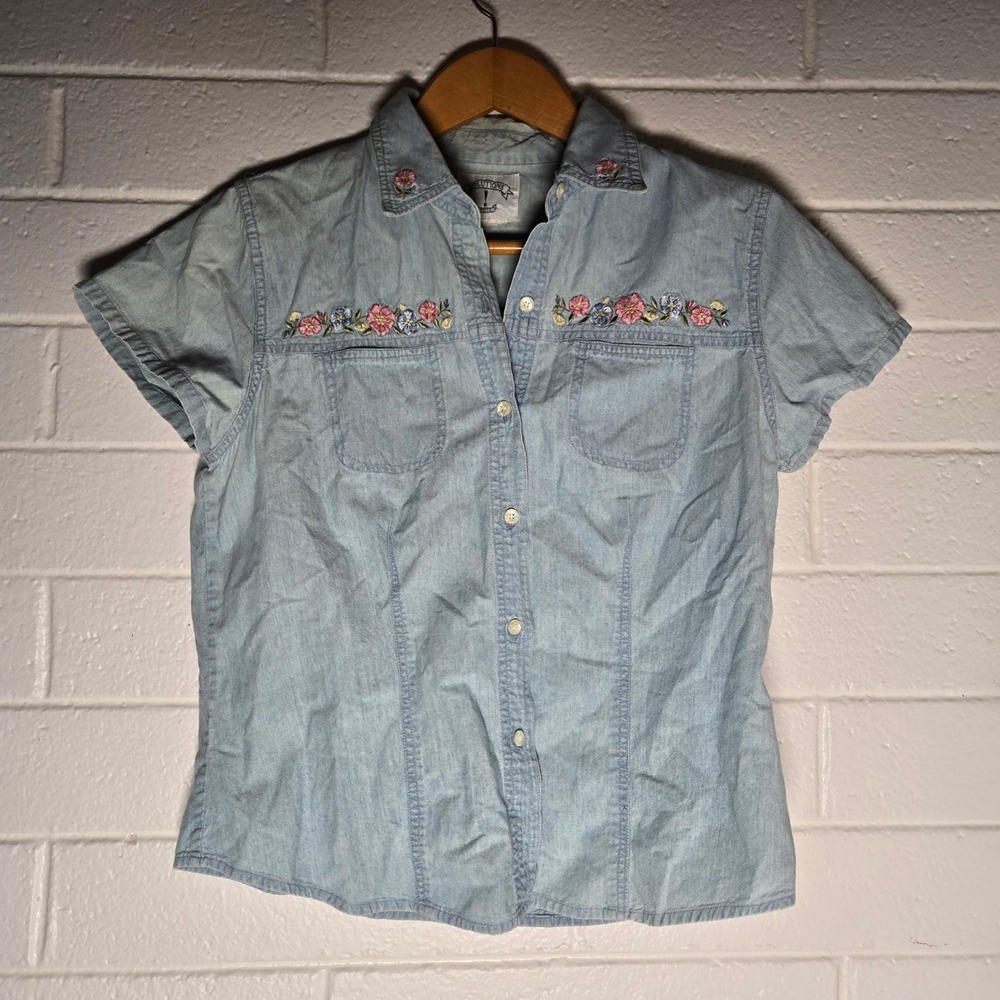 Vtg 90s Denim Shirt Medium Floral Embroidered Garden Floral Twee Retro Granny